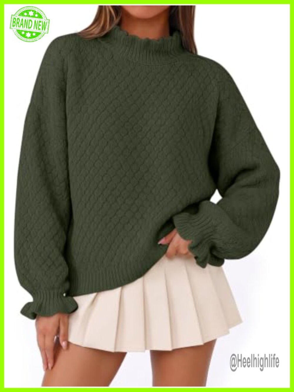 Womens Oversized Cable Knit Sweater Mock Neck Pullover Ruffle Cuff